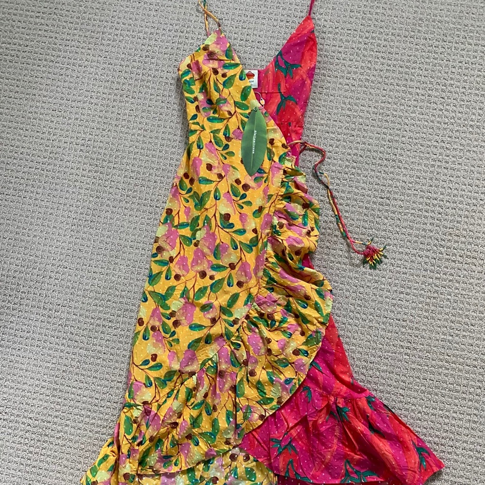 FARM Rio mixed print wrap dress with ruffle. NWT